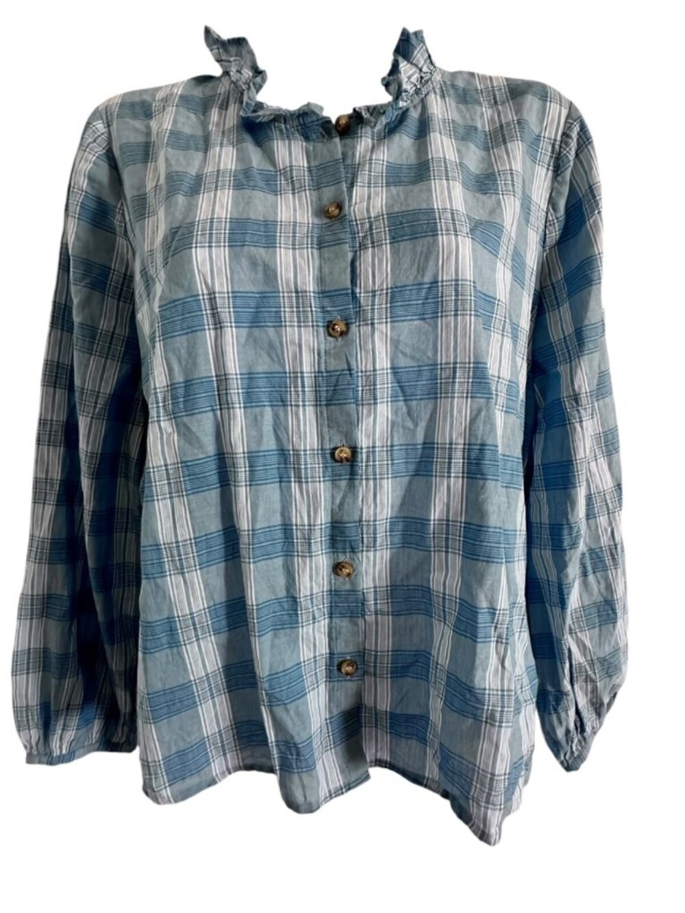 Madewell button up shirt women's size small blue plaid ruffle collar long sleeve